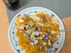 Buldak noodles with fried eggs
