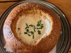 Cesnaková polievka, often served in a bread bowl