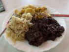 This is a hearty German meal! Featuring sauerkraut, haschee, and potatoes
